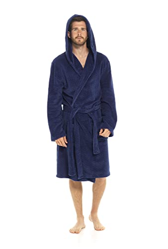 Toro Rocco Dressing Gown Mens Fleece Gowns Hooded Bath Robe Black Grey Robes Bathrobe for Men, Navy Herringbone X Large