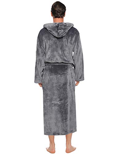 Vlazom Men Dressing Gown, Flannel Soft Bathrobe Cosy Warm Robes Fluffy Hooded Housecoat forWinter Loungewear, A-dark Grey, XXL