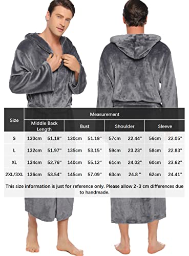 Vlazom Men Dressing Gown, Flannel Soft Bathrobe Cosy Warm Robes Fluffy Hooded Housecoat forWinter Loungewear, A-dark Grey, XXL