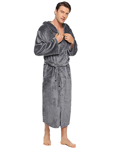 Vlazom Men Dressing Gown, Flannel Soft Bathrobe Cosy Warm Robes Fluffy Hooded Housecoat forWinter Loungewear, A-dark Grey, XXL
