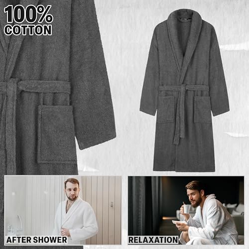 Bath Robes for Men - Absorbent Cotton Terry Towelling Bathrobe M-3XL Comfy Dressing Gown with Shawl Collar Shower Bath Spa Gym (Charcoal, 3XL)