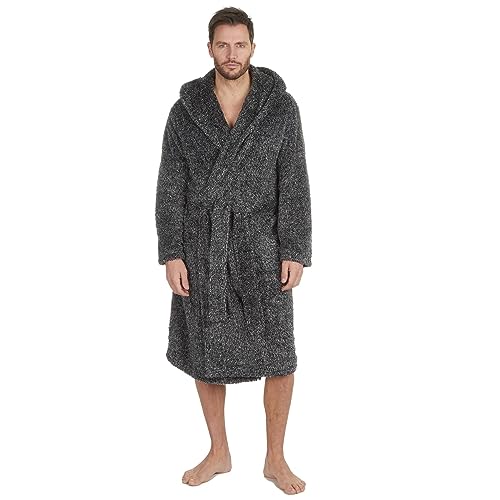 Style It Up Mens Solid Dressing Gown Long Sleeve Plush Hooded Lounge Catonic Bath Robe Warm (GREY, ONE SIZE)