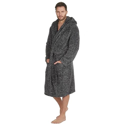 Style It Up Mens Solid Dressing Gown Long Sleeve Plush Hooded Lounge Catonic Bath Robe Warm (GREY, ONE SIZE)