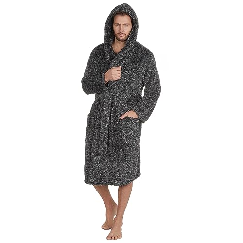 Style It Up Mens Solid Dressing Gown Long Sleeve Plush Hooded Lounge Catonic Bath Robe Warm (GREY, ONE SIZE)