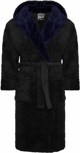 SnuggleME Dressing Gowns for Men | Super Soft Snuggle Hooded Dressing Gown | Men's Warm and Cozy Fleece Nightwear Robe | Gifts for Him M BLACK/navy