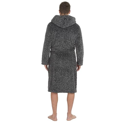 Style It Up Mens Solid Dressing Gown Long Sleeve Plush Hooded Lounge Catonic Bath Robe Warm (GREY, ONE SIZE)