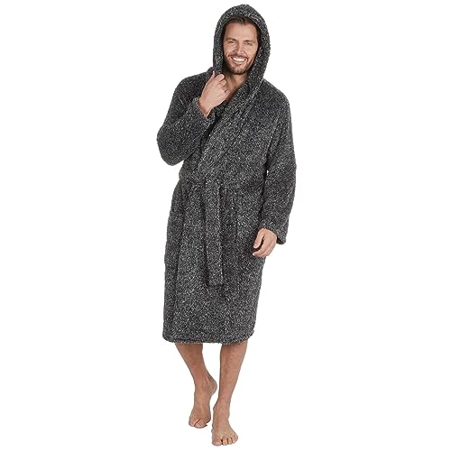 Style It Up Mens Solid Dressing Gown Long Sleeve Plush Hooded Lounge Catonic Bath Robe Warm (GREY, ONE SIZE)