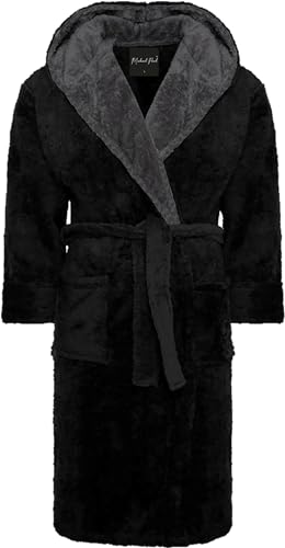 MICHAEL PAUL Dressing Gowns for Men | Super Soft Snuggle Hooded Dressing Gown |Men's Warm and Cozy Fleece Nightwear Robe | Gifts for Him BLACK grey M