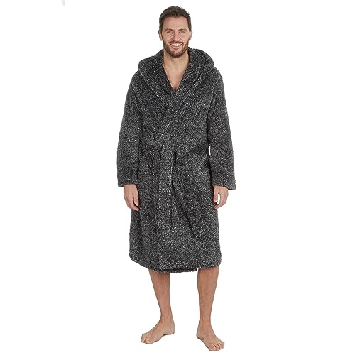 Style It Up Mens Solid Dressing Gown Long Sleeve Plush Hooded Lounge Catonic Bath Robe Warm (GREY, ONE SIZE)