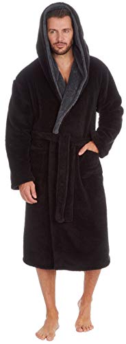 MICHAEL PAUL Dressing Gowns for Men | Super Soft Snuggle Hooded Dressing Gown |Men's Warm and Cozy Fleece Nightwear Robe | Gifts for Him BLACK grey M