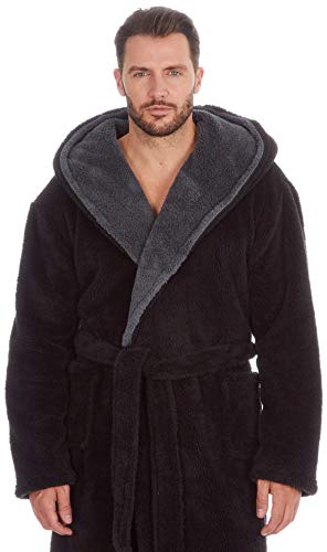 MICHAEL PAUL Dressing Gowns for Men | Super Soft Snuggle Hooded Dressing Gown |Men's Warm and Cozy Fleece Nightwear Robe | Gifts for Him BLACK grey M