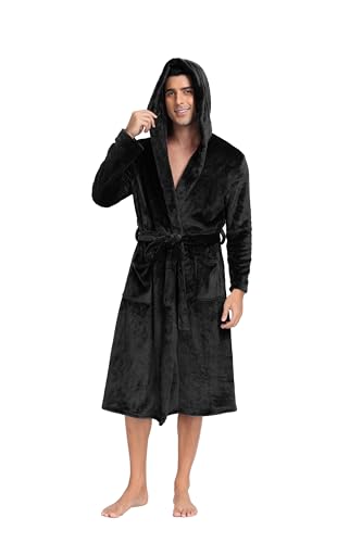 Lovasy Mens Dressing Gowns with Hood Warm Fleece Fluffy Dressing Gown Mens Flannel Super Soft Bathrobe for Men Nightwear Robe Housecoat Loungewear with Pockets for Winter,Black,XL