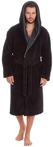 MICHAEL PAUL Dressing Gowns for Men | Super Soft Snuggle Hooded Dressing Gown |Men's Warm and Cozy Fleece Nightwear Robe | Gifts for Him BLACK grey M
