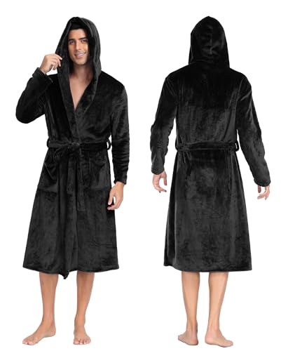 Lovasy Mens Dressing Gowns with Hood Warm Fleece Fluffy Dressing Gown Mens Flannel Super Soft Bathrobe for Men Nightwear Robe Housecoat Loungewear with Pockets for Winter,Black,XL