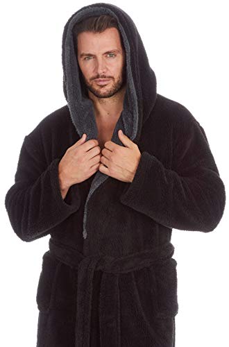 MICHAEL PAUL Dressing Gowns for Men | Super Soft Snuggle Hooded Dressing Gown |Men's Warm and Cozy Fleece Nightwear Robe | Gifts for Him BLACK grey M