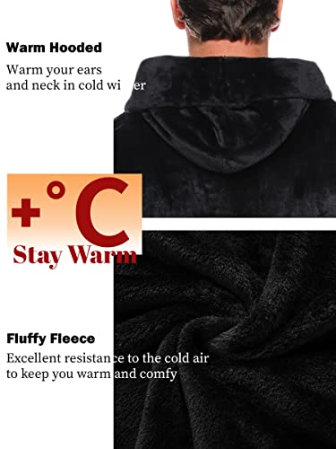 Lovasy Mens Dressing Gowns with Hood Warm Fleece Fluffy Dressing Gown Mens Flannel Super Soft Bathrobe for Men Nightwear Robe Housecoat Loungewear with Pockets for Winter,Black,XL