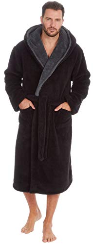 MICHAEL PAUL Dressing Gowns for Men | Super Soft Snuggle Hooded Dressing Gown |Men's Warm and Cozy Fleece Nightwear Robe | Gifts for Him BLACK grey M