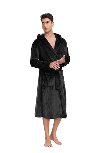 Lovasy Mens Dressing Gowns with Hood Warm Fleece Fluffy Dressing Gown Mens Flannel Super Soft Bathrobe for Men Nightwear Robe Housecoat Loungewear with Pockets for Winter,Black,XL