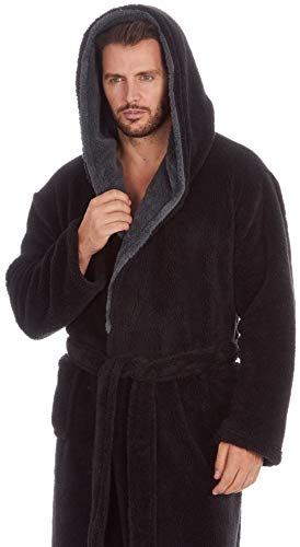 MICHAEL PAUL Dressing Gowns for Men | Super Soft Snuggle Hooded Dressing Gown |Men's Warm and Cozy Fleece Nightwear Robe | Gifts for Him BLACK grey M