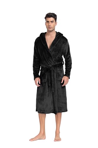 Lovasy Mens Dressing Gowns with Hood Warm Fleece Fluffy Dressing Gown Mens Flannel Super Soft Bathrobe for Men Nightwear Robe Housecoat Loungewear with Pockets for Winter,Black,XL