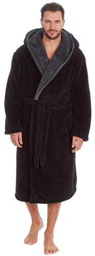 MICHAEL PAUL Dressing Gowns for Men | Super Soft Snuggle Hooded Dressing Gown |Men's Warm and Cozy Fleece Nightwear Robe | Gifts for Him BLACK grey M