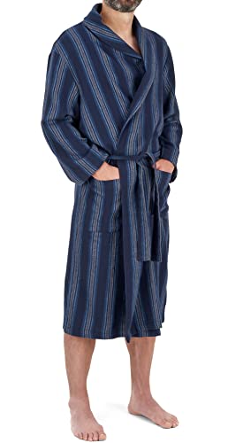 John Christian Men's Lightweight Brushed Cotton Dressing Gown, Navy Stripe (XL)