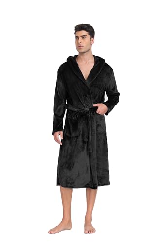 Lovasy Mens Dressing Gowns with Hood Warm Fleece Fluffy Dressing Gown Mens Flannel Super Soft Bathrobe for Men Nightwear Robe Housecoat Loungewear with Pockets for Winter,Black,XL
