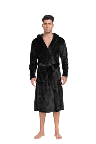 Lovasy Mens Dressing Gowns with Hood Warm Fleece Fluffy Dressing Gown Mens Flannel Super Soft Bathrobe for Men Nightwear Robe Housecoat Loungewear with Pockets for Winter,Black,XL