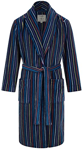 John Christian Men's Warm Fleece Dressing Gown, Navy with Multicoloured Stripes (M)