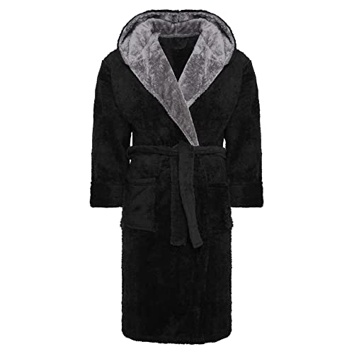i-Smalls Mens Dressing Gown Super Soft Fleece Hooded Housecoat Robe with Belt S to 6XL (3XL) Black