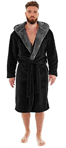 i-Smalls Mens Dressing Gown Super Soft Fleece Hooded Housecoat Robe with Belt S to 6XL (3XL) Black