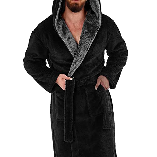 i-Smalls Mens Dressing Gown Super Soft Fleece Hooded Housecoat Robe with Belt S to 6XL (3XL) Black