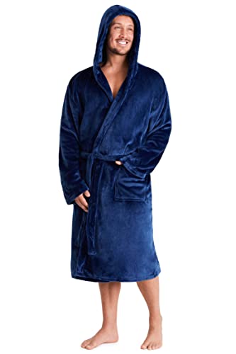 Mens Dressing Gown Super Soft Mens Fleece Robe with Hood Gowns Bathrobe Warm and Cozy