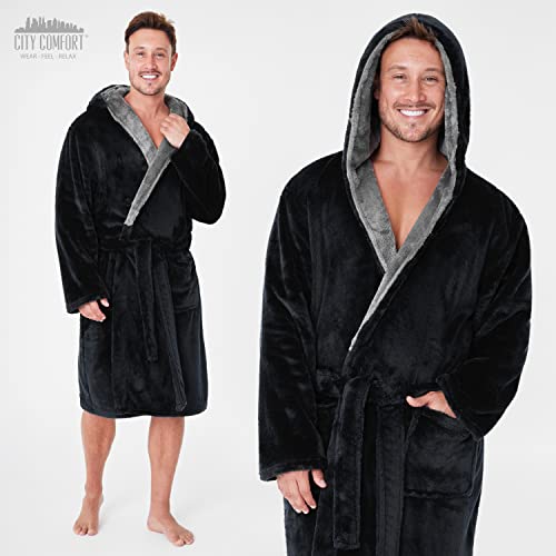 CityComfort Luxury Super Soft Men Dressing Gown Mens Bathrobe, (Black, L)