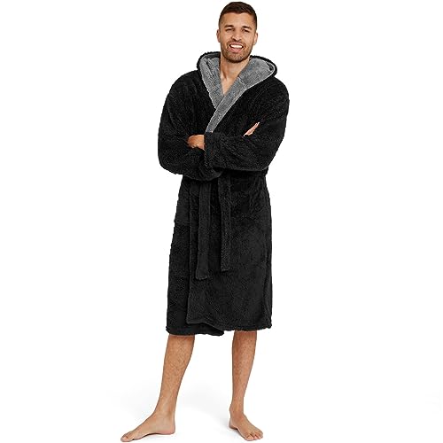 Snuggaroo Mens Soft Fleece Hooded Dressing Gown - Black/Grey - XL
