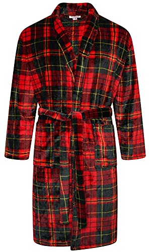 Adore Home Mens Flannel Fleece Bathrobe Warm Soft Dressing Gown Bath Robe Shawl Collar, Check Red, 4XL-5XL