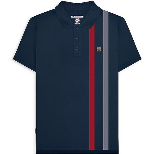 Lambretta Mens Cut & Sew Short Sleeve Cotton Stripe Polo Shirt - Navy - L