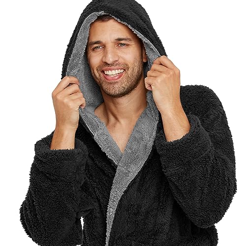 Snuggaroo Mens Soft Fleece Hooded Dressing Gown - Black/Grey - XL