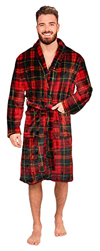 Adore Home Mens Flannel Fleece Bathrobe Warm Soft Dressing Gown Bath Robe Shawl Collar, Check Red, 4XL-5XL