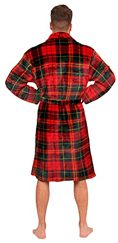 Adore Home Mens Flannel Fleece Bathrobe Warm Soft Dressing Gown Bath Robe Shawl Collar, Check Red, 4XL-5XL