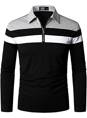HOOD CREW Mens Casual Long Sleeve Polo Shirts Contrast Color Patchwork Cotton Tee Tops Black