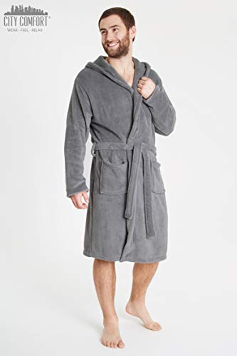 CityComfort Men Coral Fleece Dressing Gown (L, Grey Hooded)