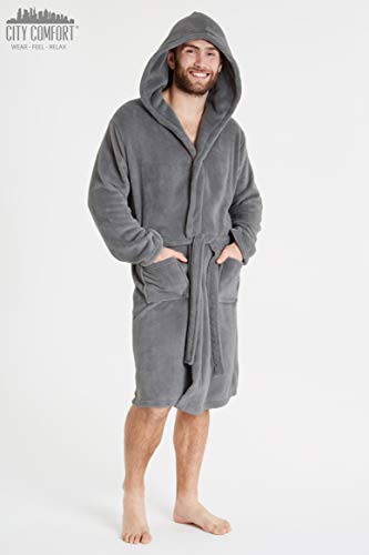 CityComfort Men Coral Fleece Dressing Gown (L, Grey Hooded)