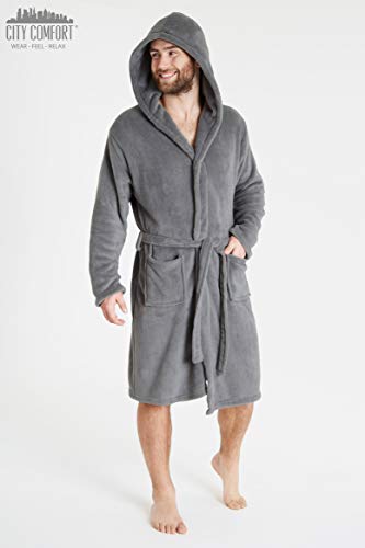 CityComfort Men Coral Fleece Dressing Gown (L, Grey Hooded)