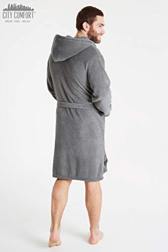 CityComfort Men Coral Fleece Dressing Gown (L, Grey Hooded)