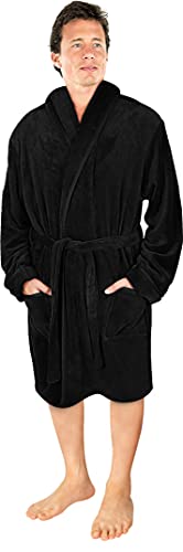NY Threads Luxury Men’s Dressing Gown |Super Soft Fleece Bath Robe| Cozy Shawl Collar Loungewear and Nightwear (Large, Black)