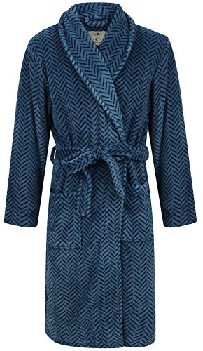 John Christian Men's Warm Fleece Dressing Gown, Blue Herringbone (M)