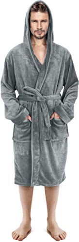 NY Threads Luxury Men’s Hooded Dressing Gown | Super Soft Fleece Men Bath Robe | Cozy Hooded Plush Loungewear and Nightwear (Large, Steel Grey)
