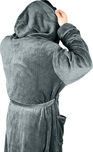 NY Threads Luxury Men’s Hooded Dressing Gown | Super Soft Fleece Men Bath Robe | Cozy Hooded Plush Loungewear and Nightwear (Large, Steel Grey)