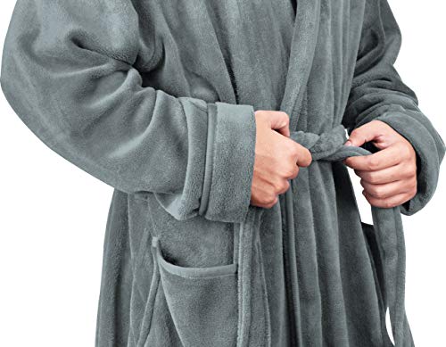 NY Threads Luxury Men’s Hooded Dressing Gown | Super Soft Fleece Men Bath Robe | Cozy Hooded Plush Loungewear and Nightwear (Large, Steel Grey)